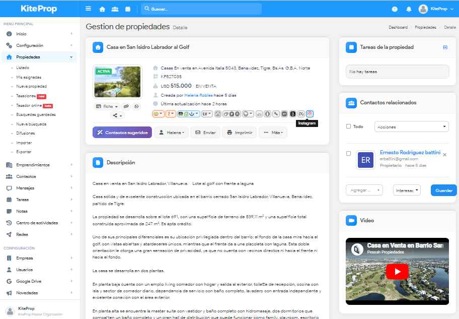 Detalle de propiedad con contactos, tareas y difusión omnicanal