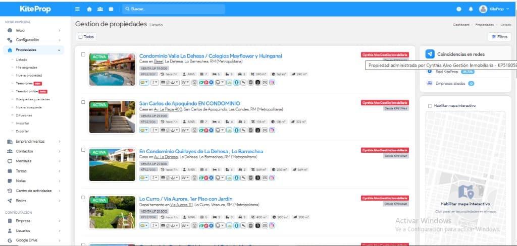 Listado de propiedades en KiteProp CRM con difusión en portales